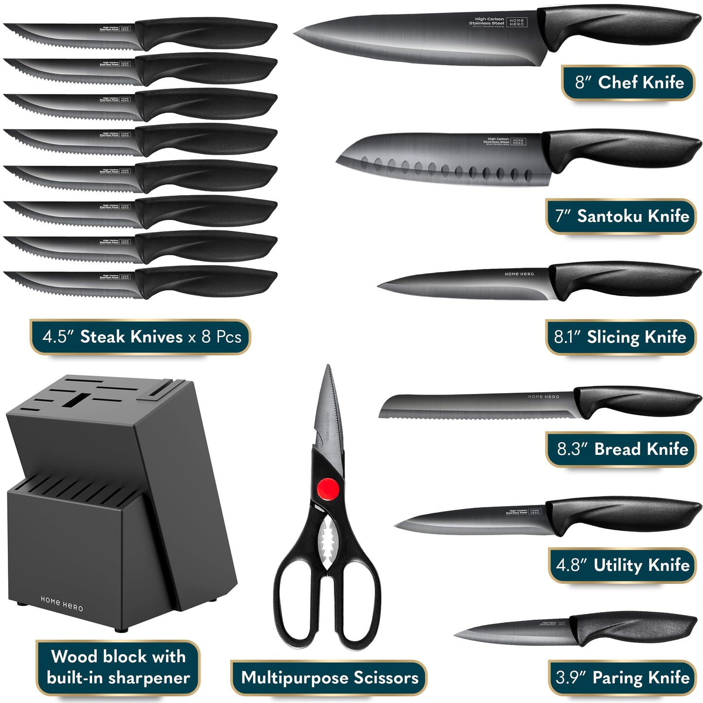 Home Hero Kitchen Knife Set - Wooden Knife Block Organizer - High Carbon Stainless Steel Blades - Ergonomic Handles with Built-In Sharpener & Kitchen Scissors - 16-Pc, Black