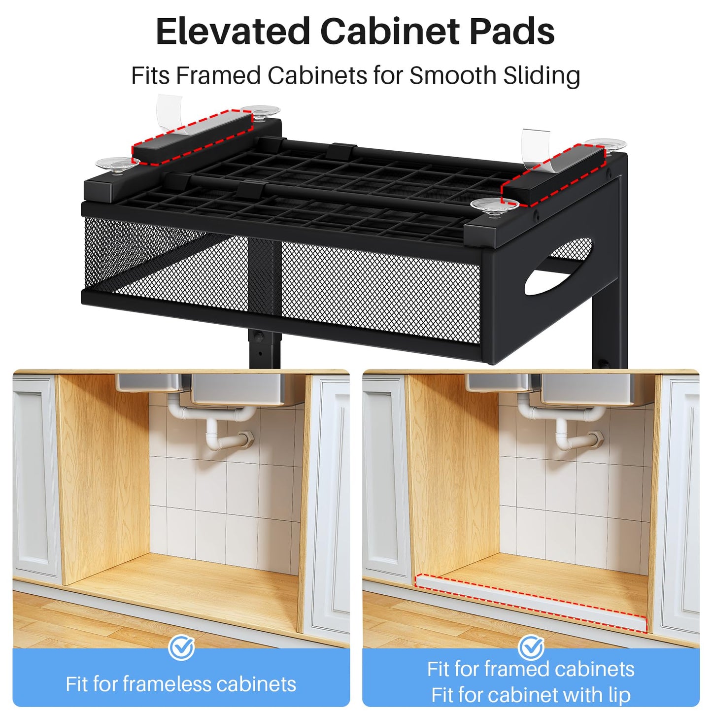 Under Sink Organizer, 2 Pack 2 Tier Pull Out Under Cabinet Organizer Shelf with Pad for Framed Cabinets, Metal Slide Out Under Sink Storage, Mesh Sliding Drawers for Kitchen Bathroom Laundry, Black