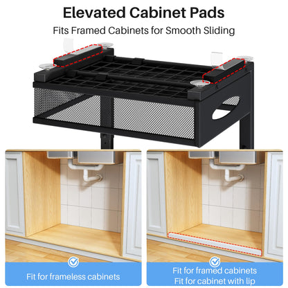 Under Sink Organizer, 2 Pack 2 Tier Pull Out Under Cabinet Organizer Shelf with Pad for Framed Cabinets, Metal Slide Out Under Sink Storage, Mesh Sliding Drawers for Kitchen Bathroom Laundry, Black