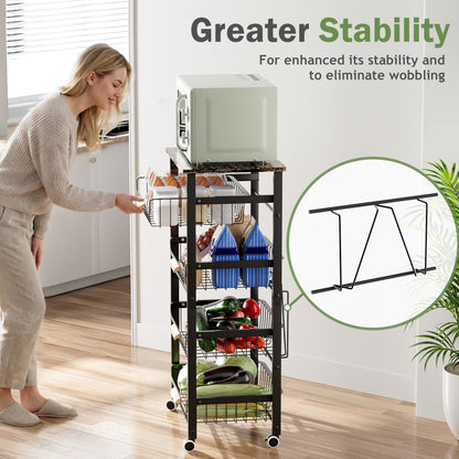 JAQ 5-Tier Fruit Vegetable Storage Cart with Wood Top, Rolling Kitchen Basket Organizer with Ergonomic Wood Handle & Wheels for Snacks Produce, Heavy Duty Metal Vianderos para Cocina Modernos, Black
