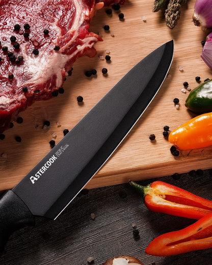 Astercook Knife Set, Kitchen Knife Set with Built-in Sharpener Block, Dishwasher Safe, 15 Pieces German Stainless Steel Knife Block Set, Black Mothers Day Gifts for Kitchen