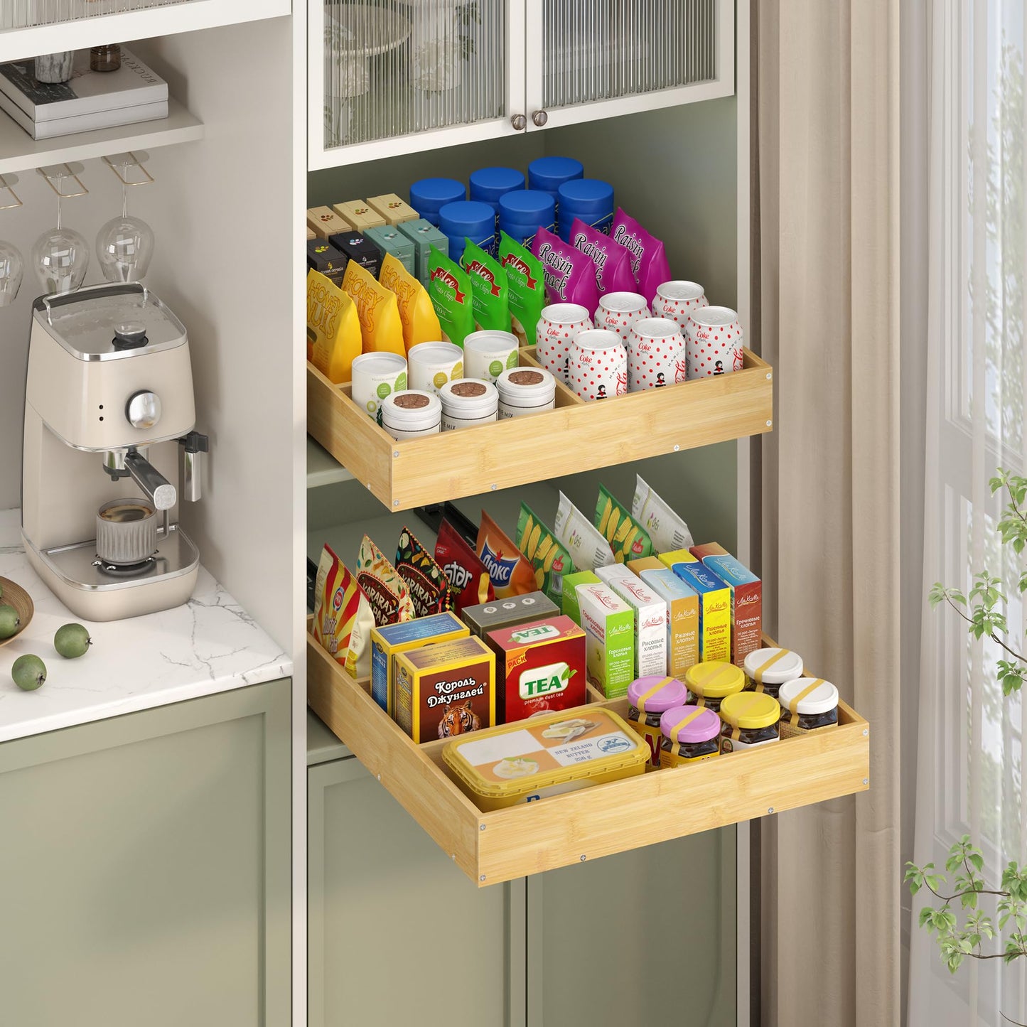 LUHENPING No Drill Pull Out Drawers for Cabinets, 20" W x 21" D Bamboo Adhesive Cabinet Organizer, Slide Out Shelves for Kitchen Pantry Bathroom Storage