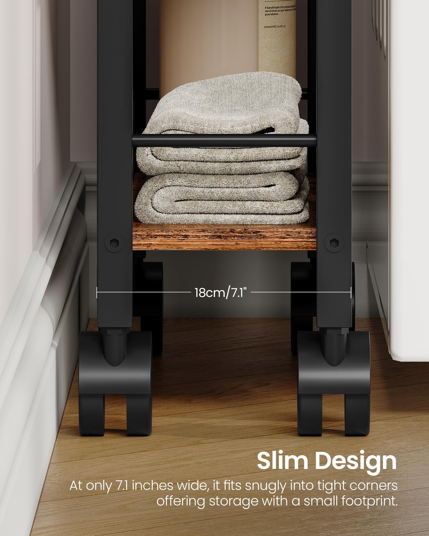 CHOEZON 4-Tier Slim Storage Cart, 7.1'' Kitchen Serving Trolley, Slim Rolling Cart with Handle and Guard Rails, Slim Cabinet for Small Spaces, for Dining Room, Rustic Brown and Black TTC02BF