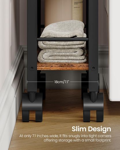 CHOEZON 4-Tier Slim Storage Cart, 7.1'' Kitchen Serving Trolley, Slim Rolling Cart with Handle and Guard Rails, Slim Cabinet for Small Spaces, for Dining Room, Rustic Brown and Black TTC02BF