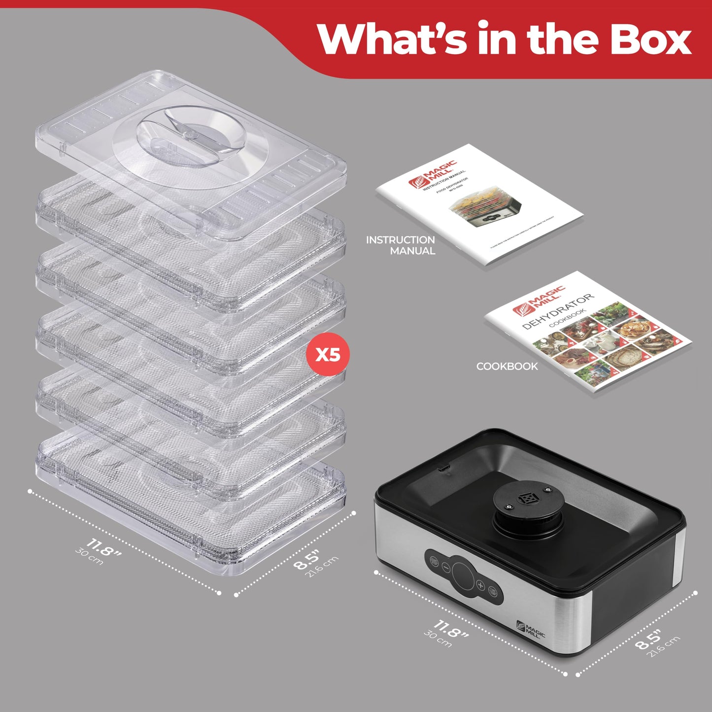 Magic Mill Food Dehydrator Machine | 5 Stackable Stainless Steel Trays, 48H Digital Adjustable Timer & Temperature Control Upto 167° Electric Dryer & Preserver for Jerky, Fruit, Dog Treats & Much More