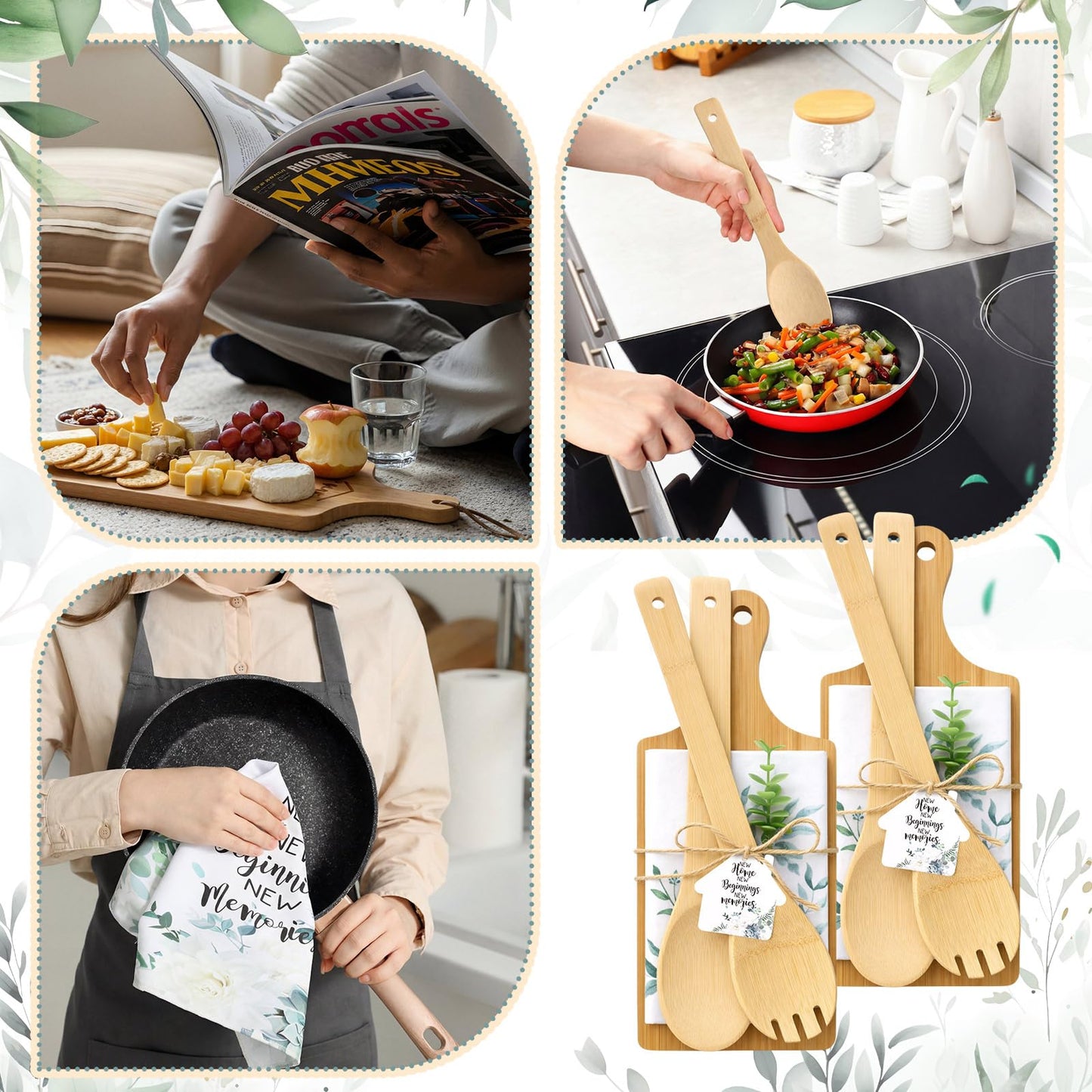Geelin Housewarming Gifts Engraved Cutting Board New Home Beginning Kitchen Towels Cards Bamboo Spoons House Warming Gift Set for Homeowner Neighbor Couple Apartment Kitchen(31 Pcs,Rectangle)