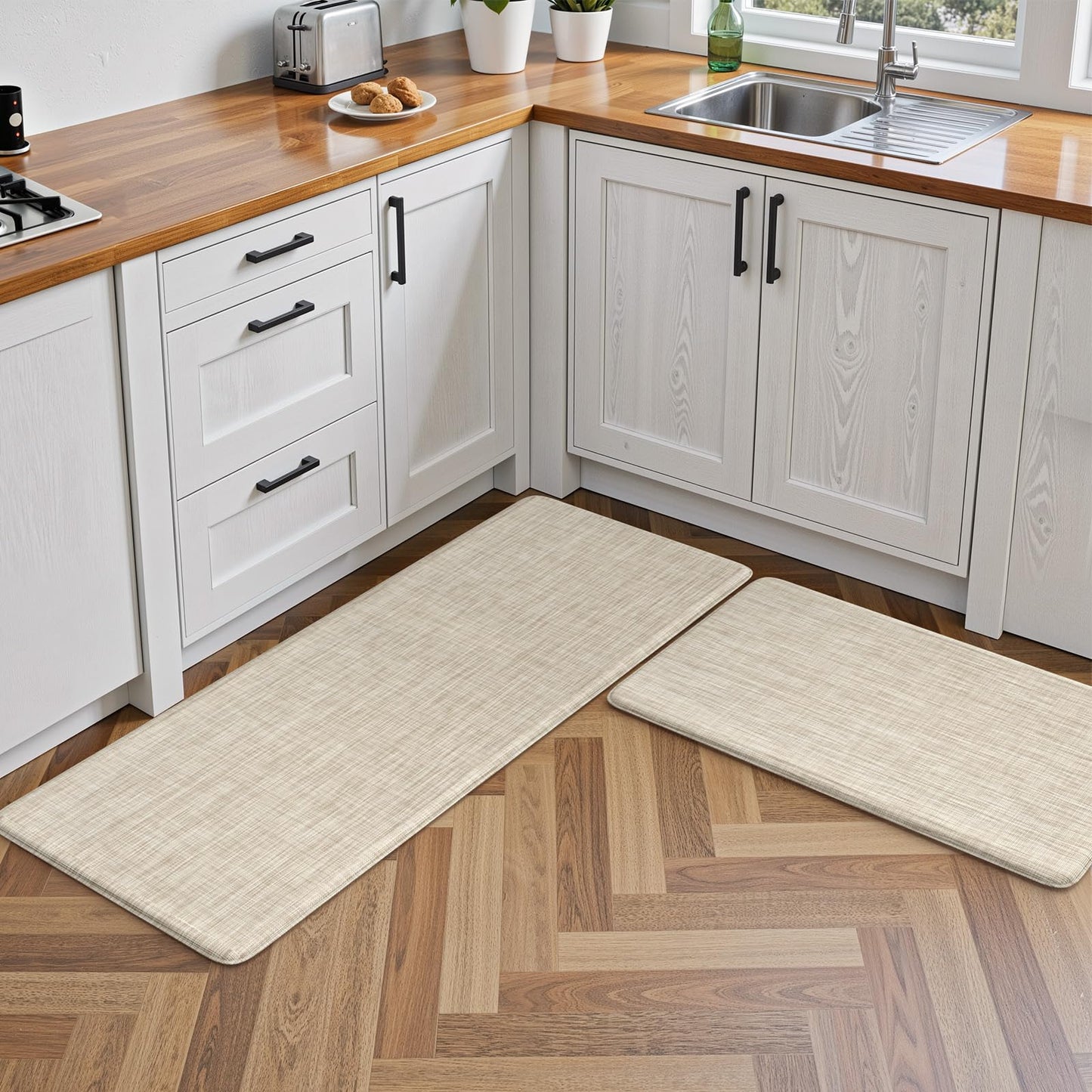 Collive Kitchen Mats for Floor 2PCS, Cushioned Anti Fatigue Rugs Non Slip Waterproof Kitchen Sink Mat, Memory Foam Comfort Standing Mats for Desk, Office, Home Decor, 20" x 47" + 20" x 32", Beige