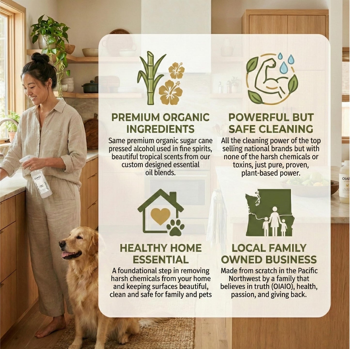 OIAIO Non-Toxic Kitchen Cleaner 3 Pack (Stone, Steel, Glass) - Natural Organic Ingredients that Truly Perform - Light Coconut, Tea Tree & Wood Scent