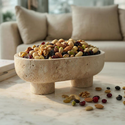 STONE COUTURE - Natural Travertine Fruit Bowl with Stand, Island Centerpiece Kitchen Decor, Key Bowl for Entryway Table, Decorative Modern Organic Home Entry Large Bowls for Keys 10" Food Safe FDA