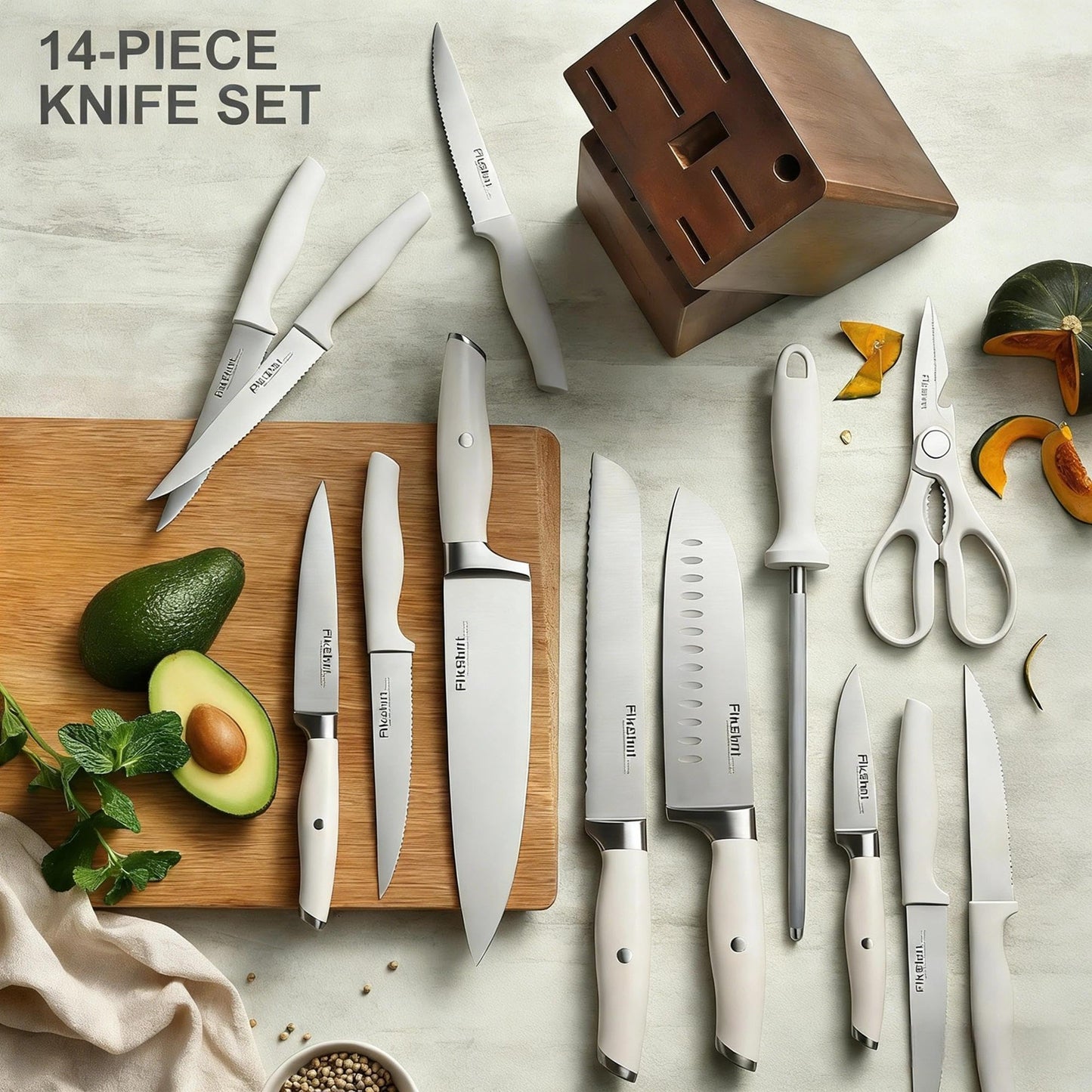 Fikshot 14-Piece Knife Set – German High Carbon Stainless Steel, Professional Chef Knives with Block & Sharpener, Elegant White, Dishwasher-Safe, Modern Kitchens, Rental Homes, Gift for Chefs