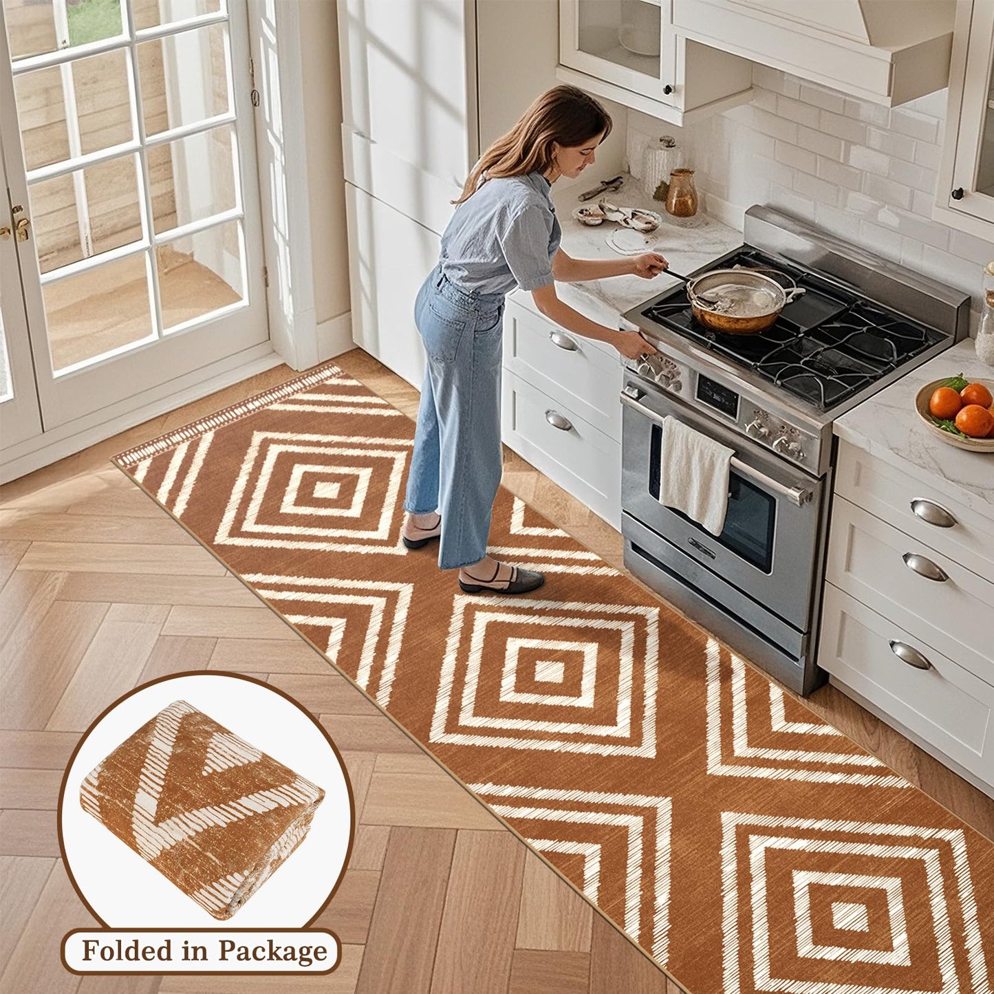 Geanlod Boho Hallway Runner Rugs 2.6x14ft Non Slip, Long Brown Washable Entryway Rug Runners Non Shedding, Geometric Kitchen Floor Carpets for Doorway Entrance Farmhouse Living Room Home Decor