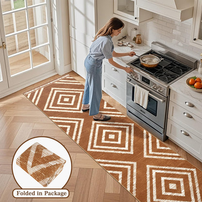 Geanlod Boho Hallway Runner Rugs 2.6x14ft Non Slip, Long Brown Washable Entryway Rug Runners Non Shedding, Geometric Kitchen Floor Carpets for Doorway Entrance Farmhouse Living Room Home Decor