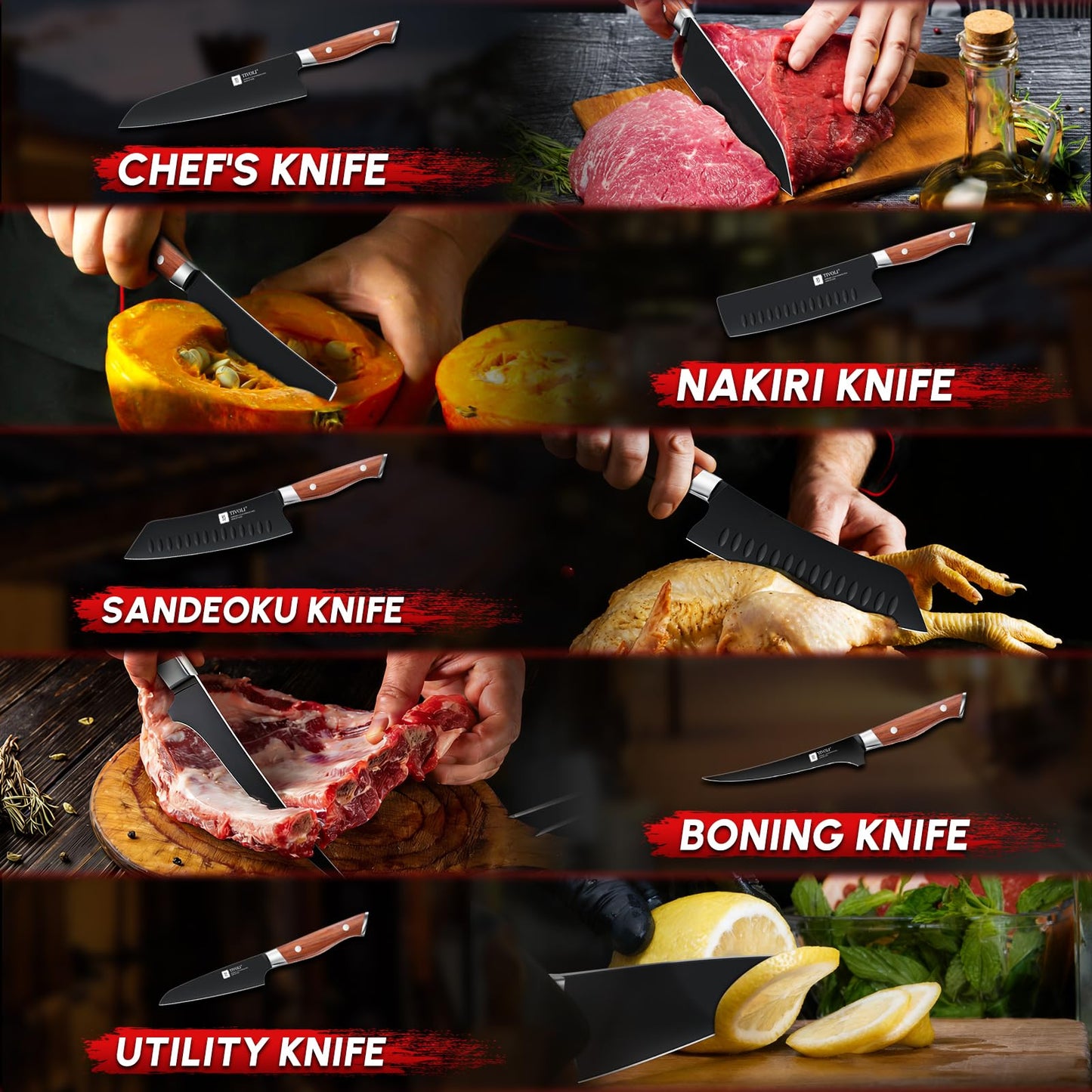 TIVOLI Chef Knife Set, Professional 5PC Knife Set, German High Carbon Stainless Steel Ultra Sharp Kitchen Knives with Full Tang Ergonomic Wood Handle for for Cooking - Gifts for Mom