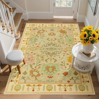 Joydeco Oushak Orange Rug for Living Room, Washable Carpet for Bedroom Non Slip, Boho Floral Ultra-Thin Soft Indoor Floor Throw Rugs for Entryway Dining Table Nursery Home Kitchen
