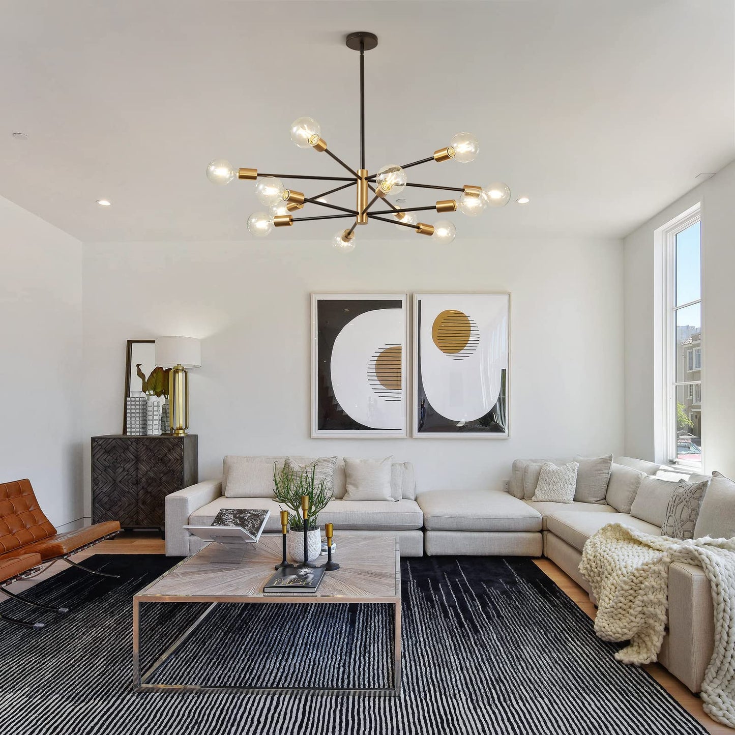 RUIYEY Modern Chandelier Ceiling Light Fixture - Sputnik Chandeliers Gold and Black Farmhouse 12-Light Height Adjustable for Dining Room, Living Room, Kitchen Island
