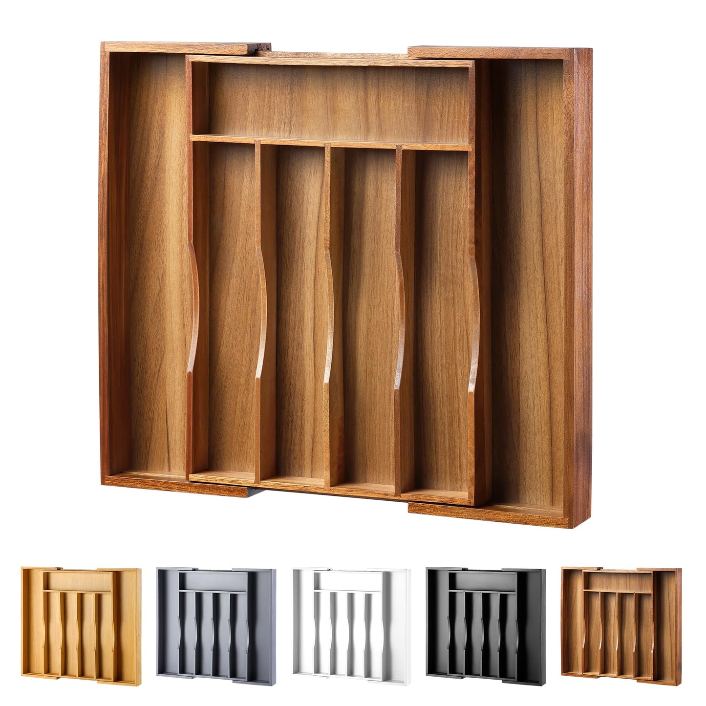 oridom Expandable Acacia Kitchen Drawer Organizer for Cutlery and Utensils, Adjustable Acacia Wood Cutlery Tray in Drawer for Flatware and Silverware in Kitchen