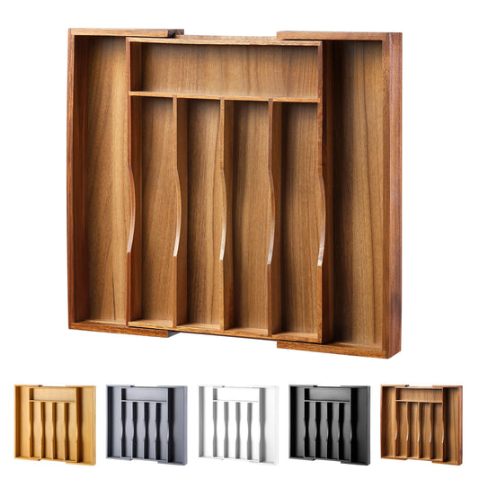 oridom Expandable Acacia Kitchen Drawer Organizer for Cutlery and Utensils, Adjustable Acacia Wood Cutlery Tray in Drawer for Flatware and Silverware in Kitchen