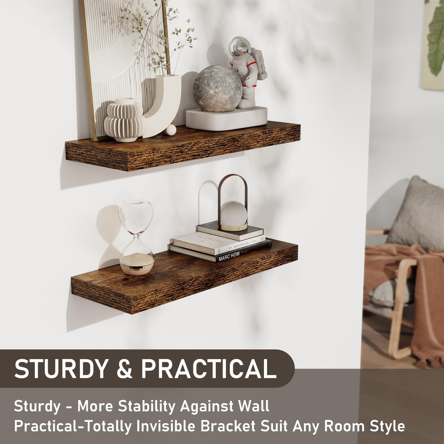 Floating Shelves for Wall, 24 Inch Floating Shelves Set of 2, Wall Mounted Rustic Wood Shelf for Bathroom, Living Room, Bedroom and Kitchen, Hanging Shelf for Storage, Books, Home Decor, Rustic Brown