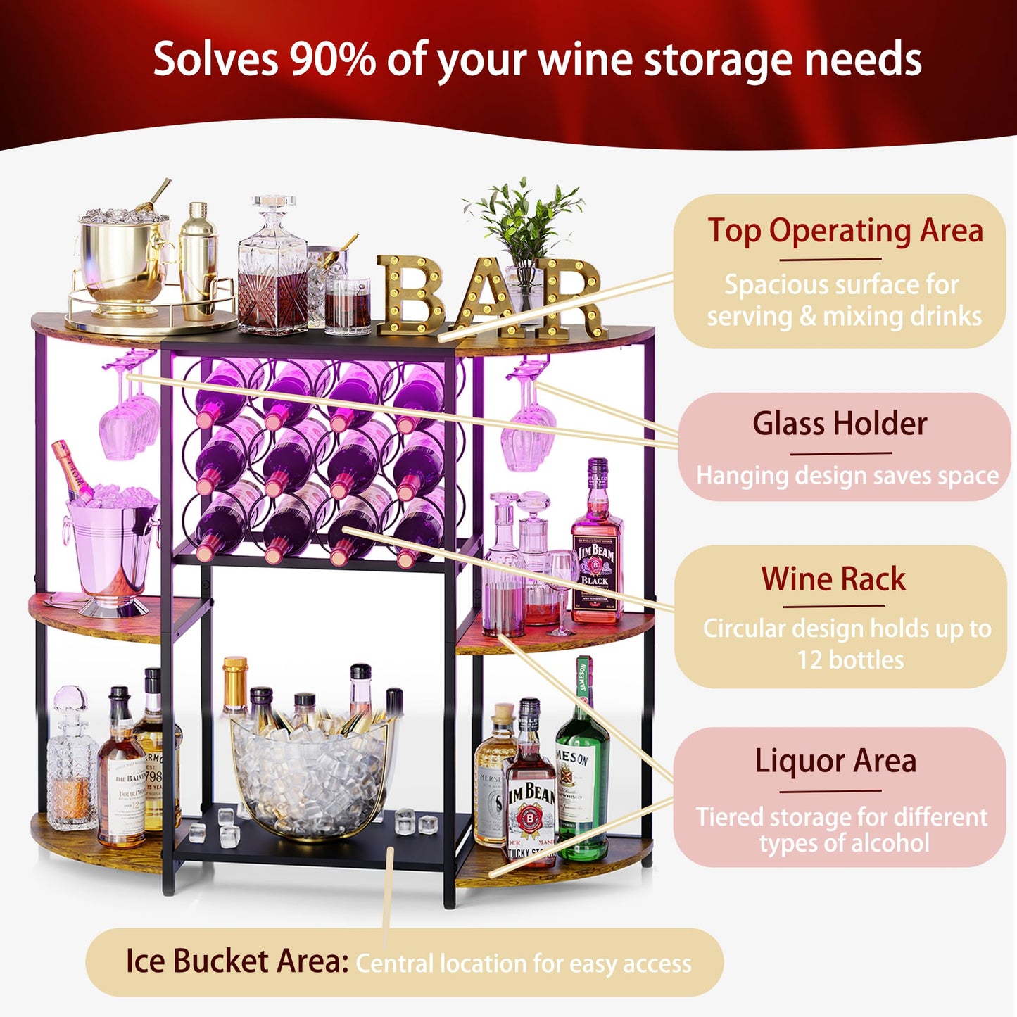 JKsmart Wine Bar Cart with LED Lights, Mini Wine Rack with Storage and Glass Holder, Small Home Bar Cart for Liquor, 3-Tier Bar Table for Kitchen, Dining Room, Living Room, Rustic Brown