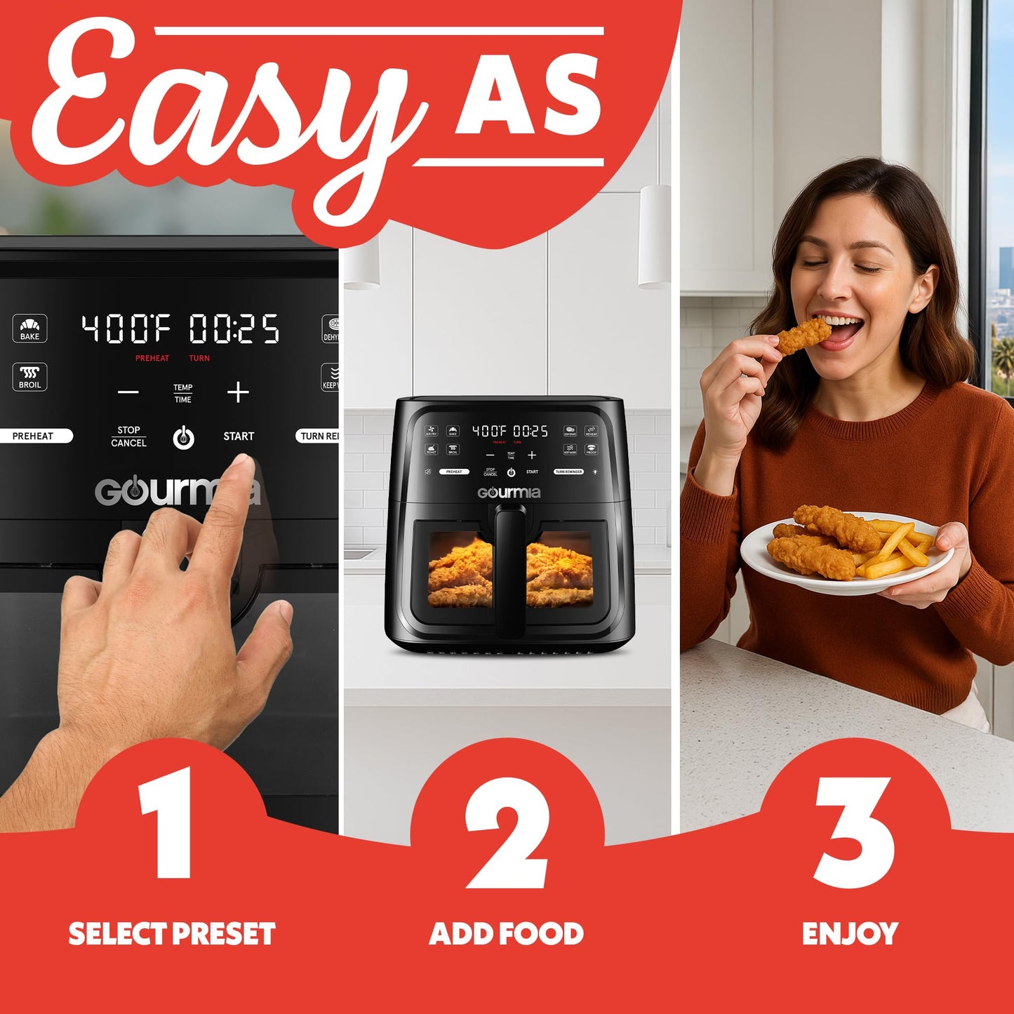 Gourmia 8 Qt Air Fryer, 8 Presets with Digital Display, FryForce 360° Technology, Easy View Window & Interior Light, Dishwasher Safe Basket, Black