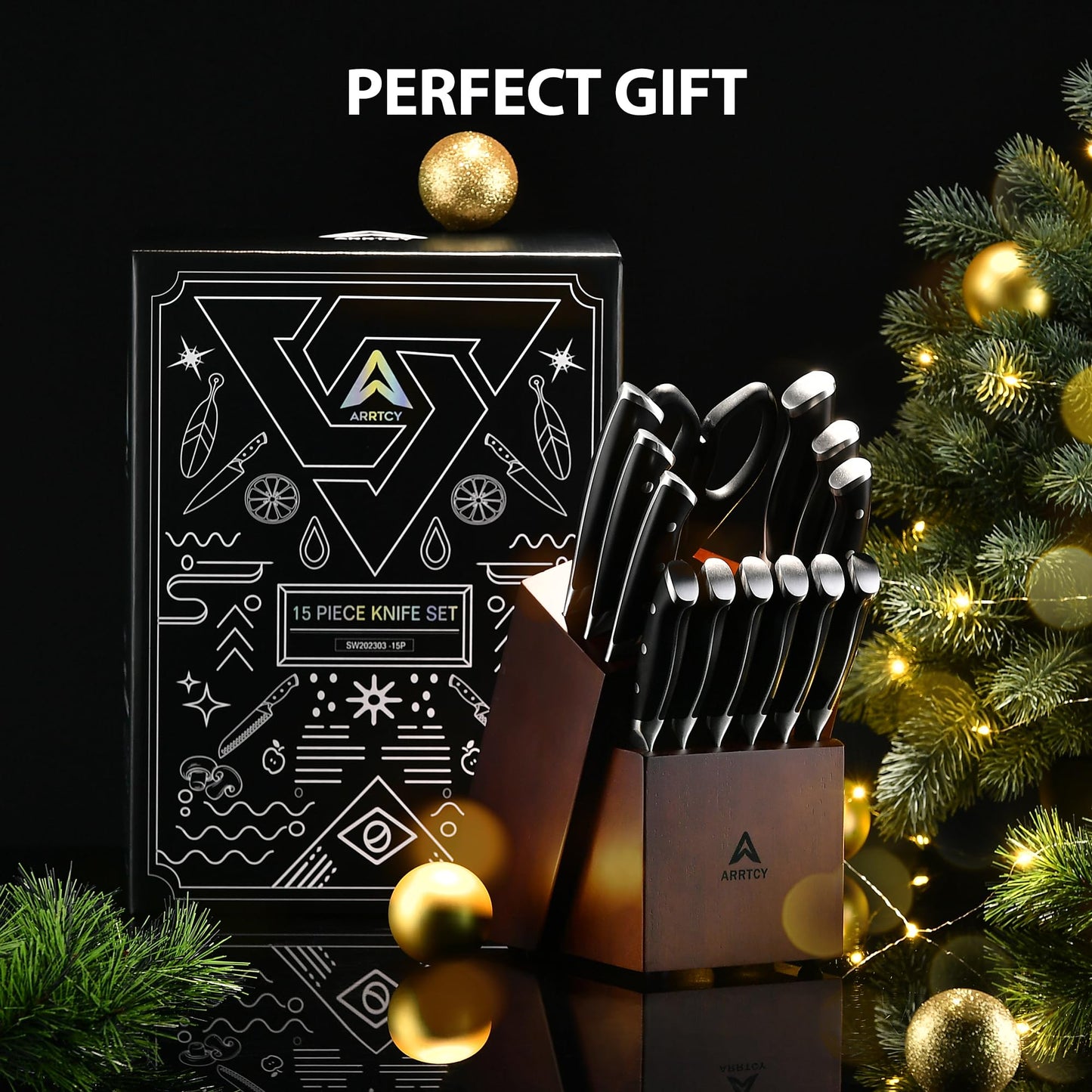 Arrtcy Knife Set with Block, Kitchen Knife Set 15-Piece with Sharpener - High Carbon Stainless Steel Dishwasher Safe Knives with Ergonomic Handles for Chef & Home