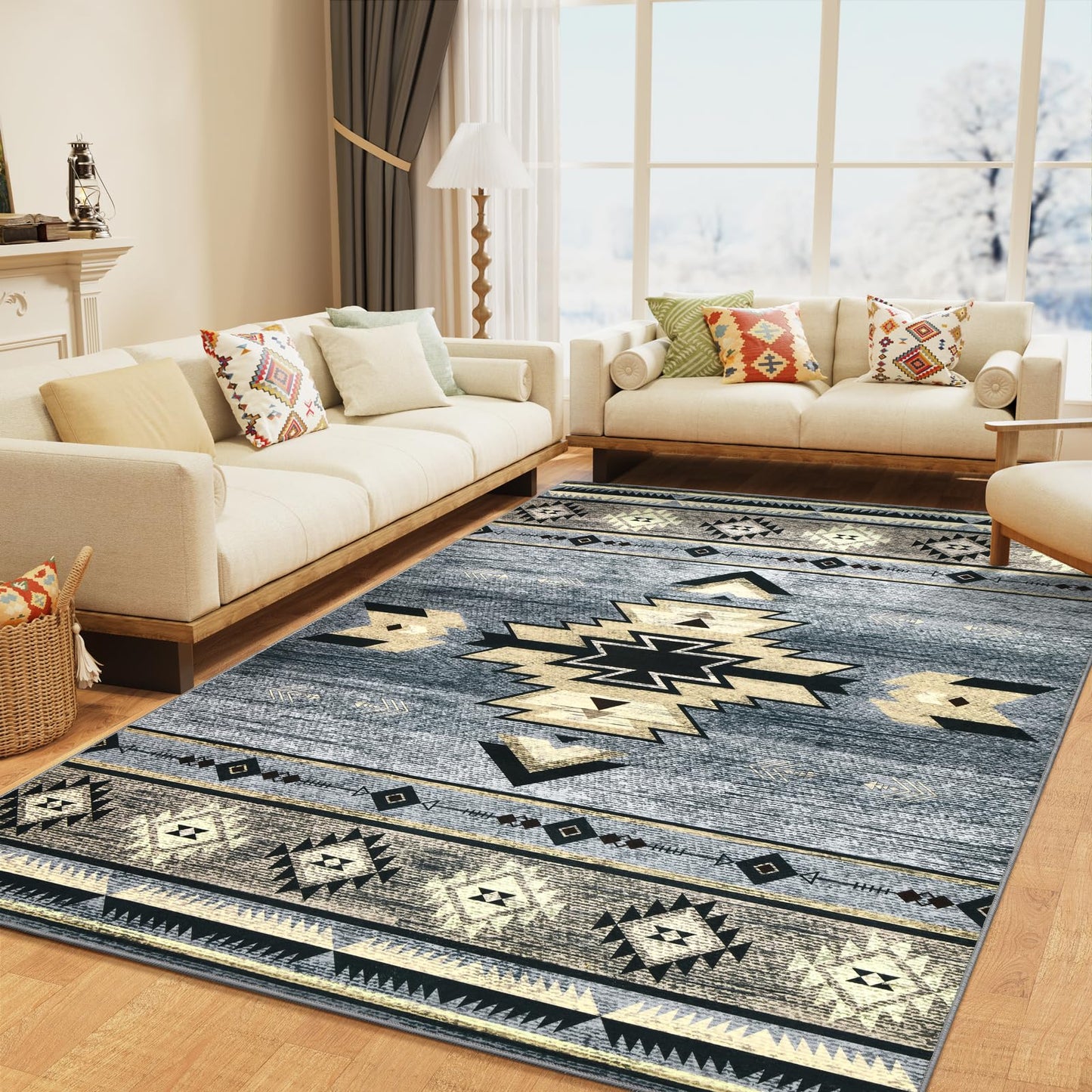 B BENRON Western Rugs for Living Room, Non Slip Rustic Rug for Bedroom Dining Table Kitchen, Washable Aesthetic Area Rugs for Home Decor, 5ft x 7ft, Grey