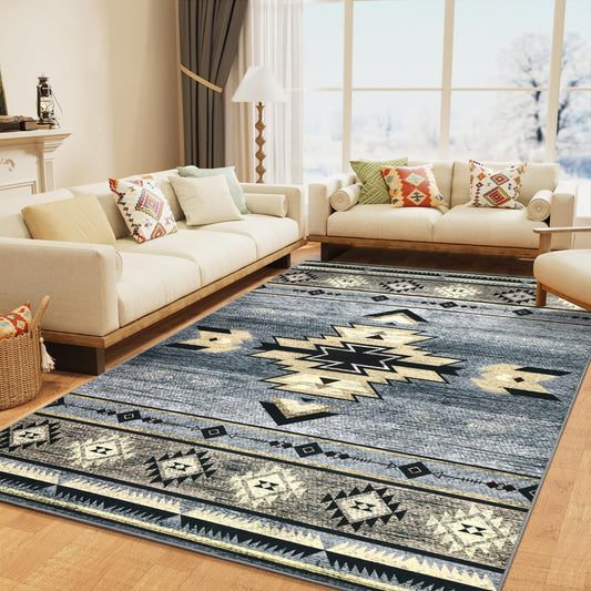 B BENRON Western Rugs for Living Room, Non Slip Rustic Rug for Bedroom Dining Table Kitchen, Washable Aesthetic Area Rugs for Home Decor, 5ft x 7ft, Grey