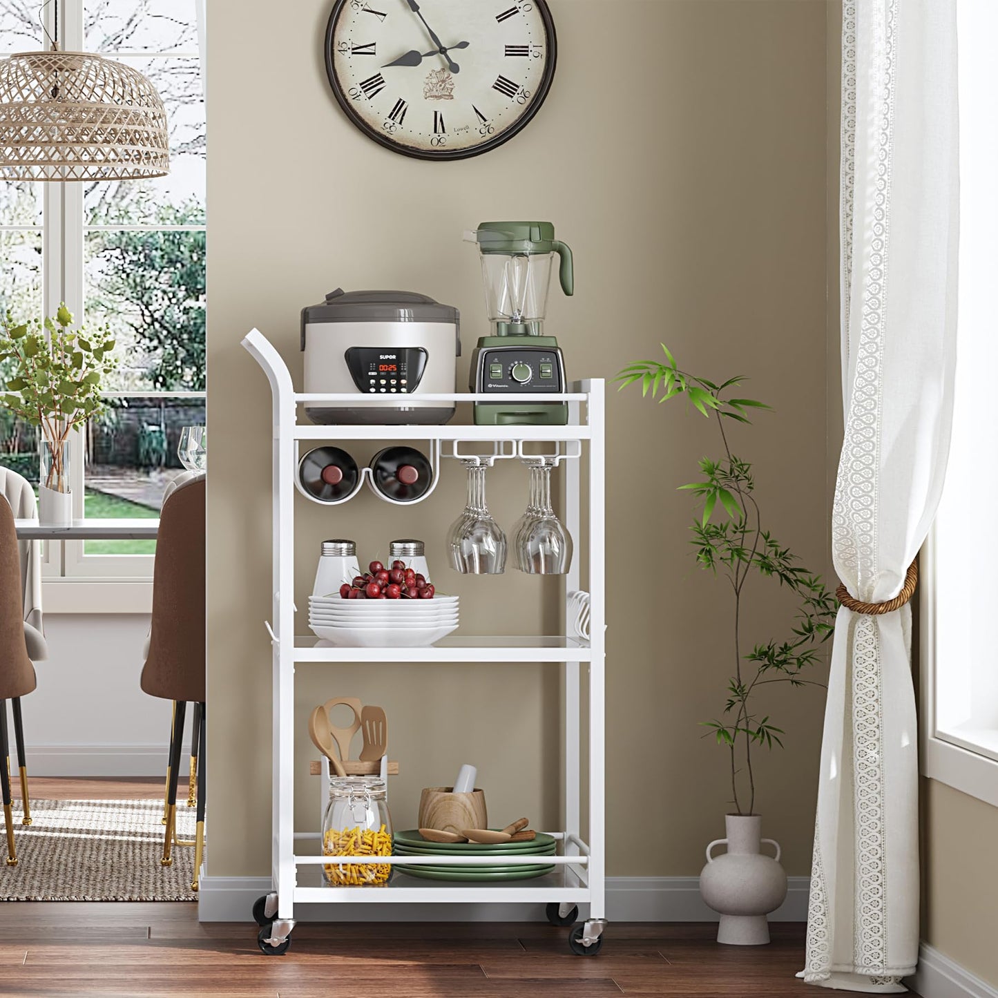 TUTOTAK Bar Cart, Home Bar Serving Cart with 3-Tier Mirrored Shelf, Mobile Kitchen Shelf, Rolling Beverage Cart, White BC01BW034