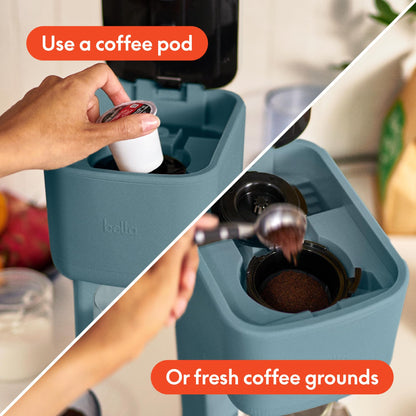 BELLA Single Serve Coffee Maker, K Cup & Coffee Ground Compatible with Removable, Adjustable Drip Tray, Auto Shutoff & Reusable Dishwasher Safe Accessories, Brews 6oz to 14oz, 1000 Watt, Surf