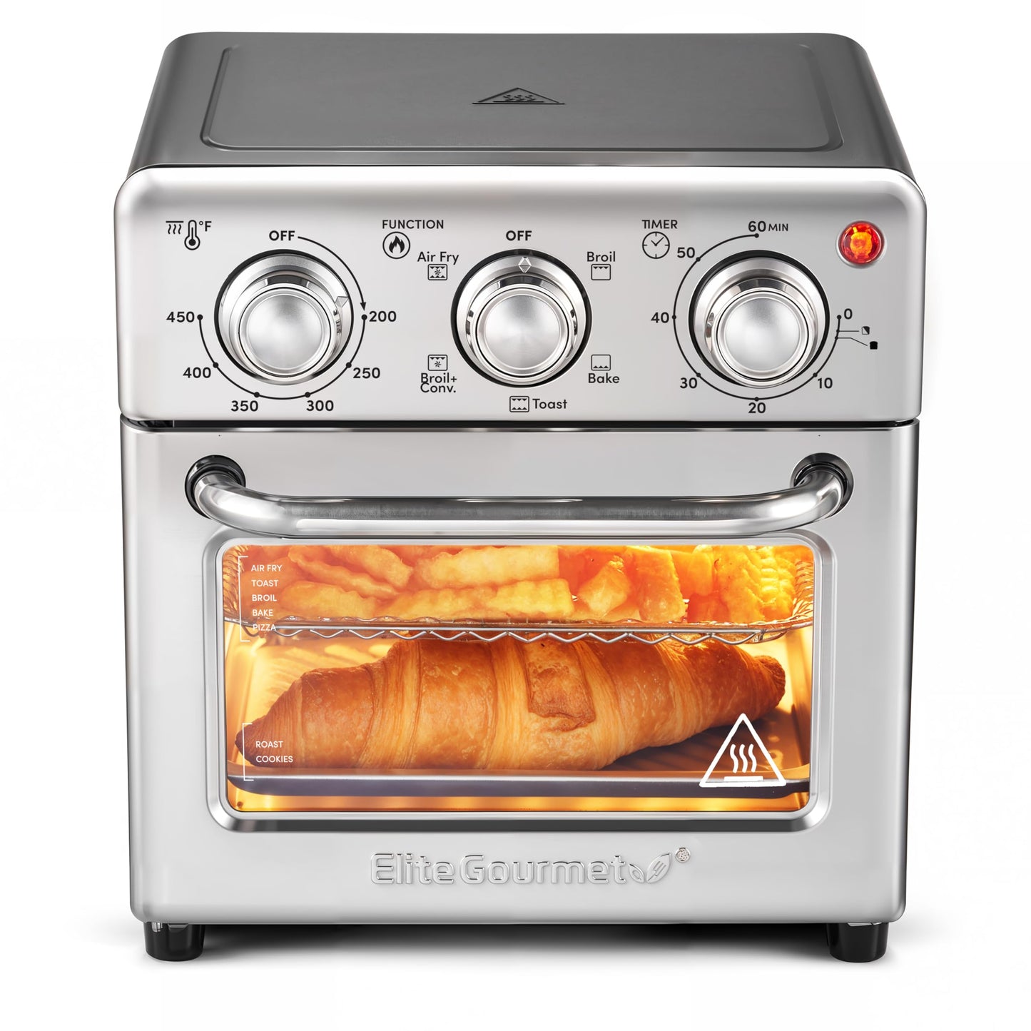 Elite Gourmet EAF0852SS 8.5Qt. Capacity Air Fryer Oven, Air Fry, Broil, Toast, Bake & Broil with Convection, Time and Temperature Controls, 800-Watts, Includes 25 Delicious Recipes, Stainless Steel