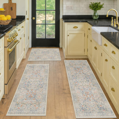 JTJ Washable Kitchen Rugs Sets of 3, Beige Blue Non-Slip Mats with Vintage Botanical Cottage Design, Soft Low-Pile Floor Rug for Sink, Entry and Everyday Home Spaces