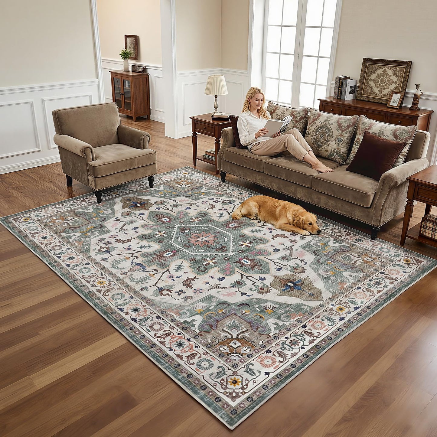 HOOBRO 6 x 9 ft Area Rugs for Living Room, Washable Non-Slip Stain Resistant Rug, Large Carpets, Pet Friendly Low Pile Soft Rug, for Bedroom Kitchen Dining Room Home Office, Vintage Green GN04AR01