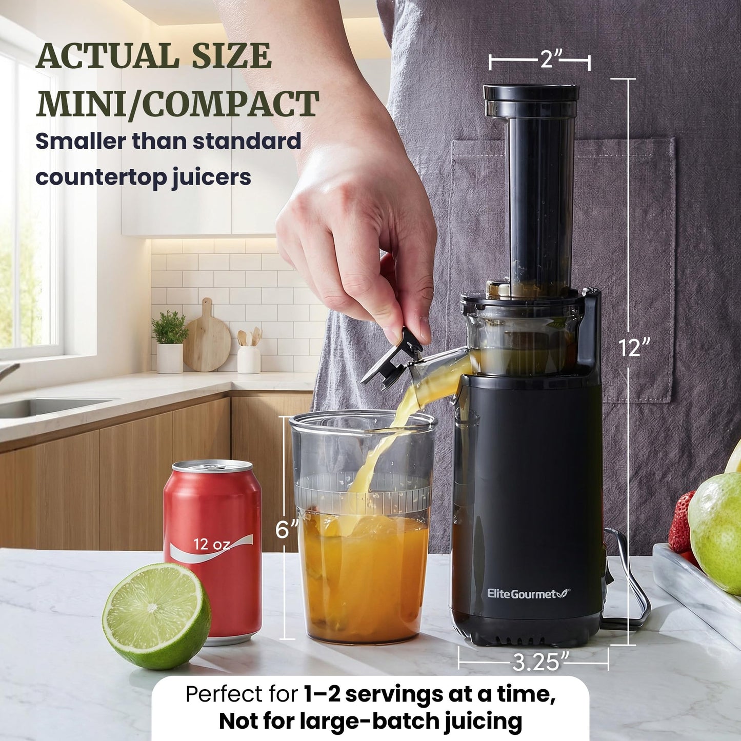 Elite Gourmet EJX600 Mini Compact Small Space-Saving Masticating Slow Juicer Cold Press Juice Extractor, Nutrient and Vitamin Dense, BPA-Free Tritan, Easy to Clean, 16 oz Juice Cup, Charcoal Grey
