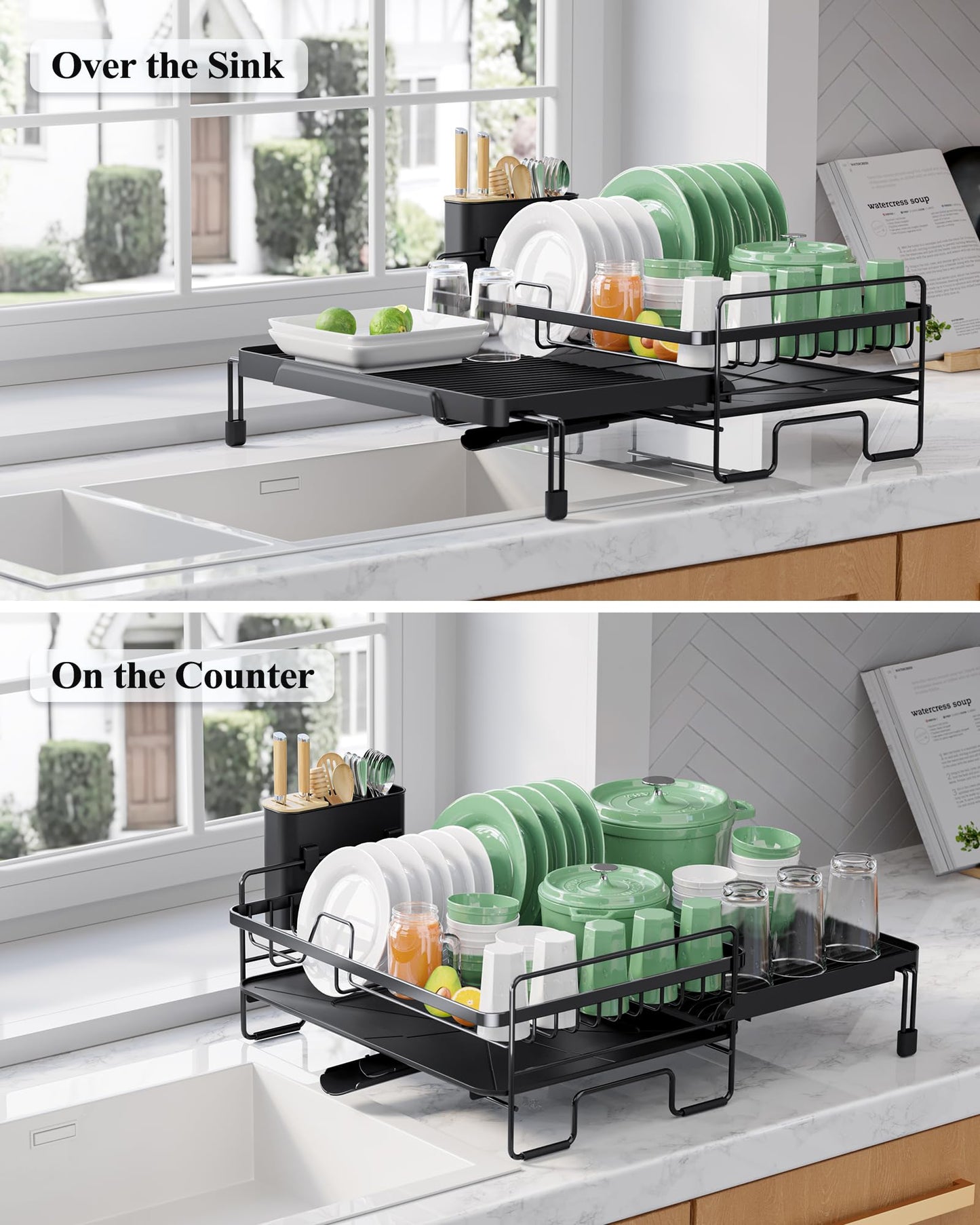 Kitsure Extendable Dish Drying Rack - Adjustable Length 12.8"–21.0", Auto-Draining Dish Rack for Kitchen Counter, Rust-Resistant Metal Frame Over-Sink Support for Plates, Bowls & Utensils, Black