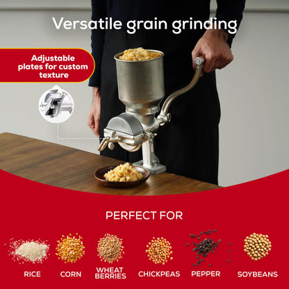 Corona Corn Grinder with High Hopper, Grain Mill, Manual Grinder For Corn, Rice, Soybeans, Pepper, Chickpeas, Cast Iron Wheat Grinder For Domestic Use