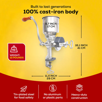 Corona Corn Grinder with High Hopper, Grain Mill, Manual Grinder For Corn, Rice, Soybeans, Pepper, Chickpeas, Cast Iron Wheat Grinder For Domestic Use