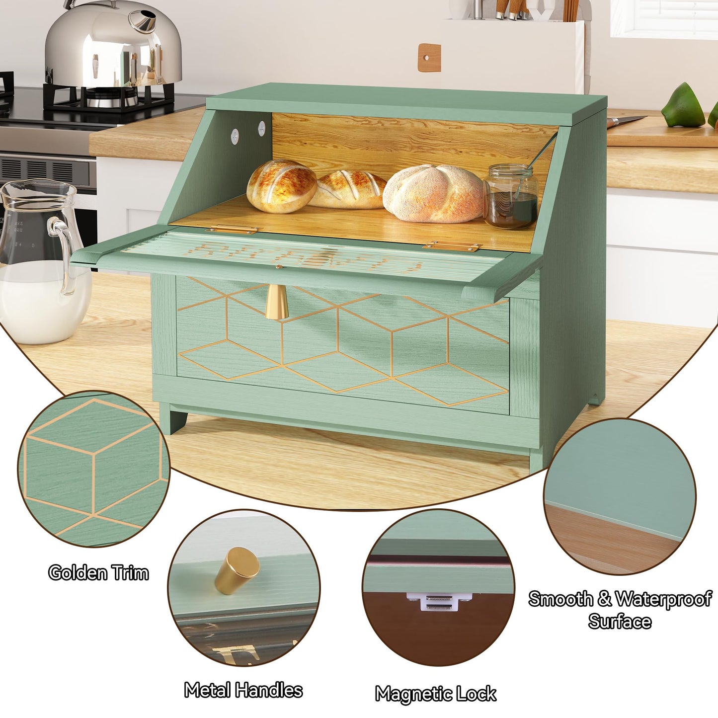 HOLTICO Double Layer Bread Box With Golden Trim for Countertop, Wooden Bread Container for Kitchen Counter, Corner Bread Storage (Green)