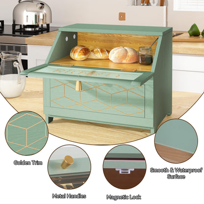 HOLTICO Double Layer Bread Box With Golden Trim for Countertop, Wooden Bread Container for Kitchen Counter, Corner Bread Storage (Green)