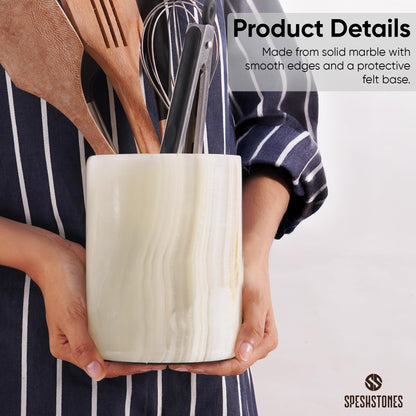 SPESHSTONES Marble Utensil Holder 6.5 Inch Cream Onyx Wooden Cooking Utensils Set & Spatula Organizer for Kitchen Counter, Stone Utensil Crock & Caddy for Spoon Holder & Farmhouse Decor