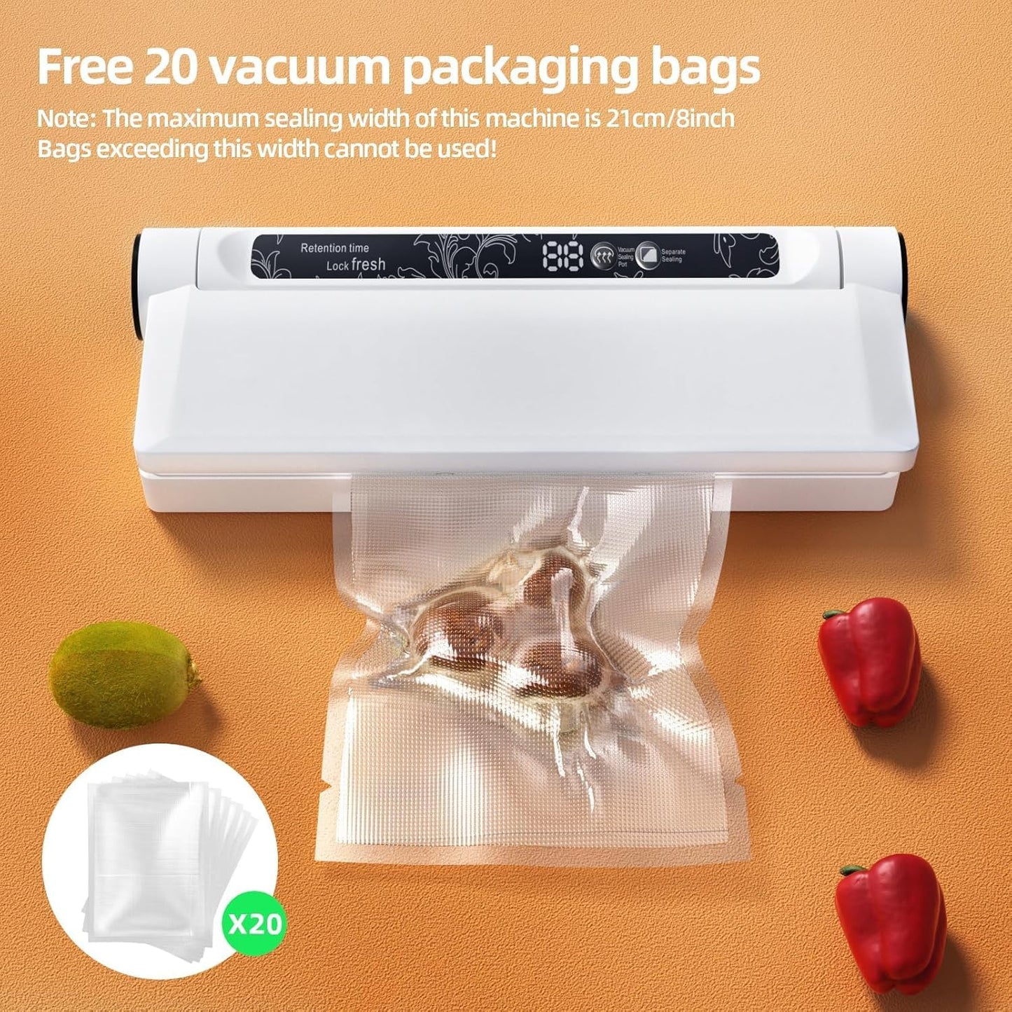 Food Vacuum Sealer Machine, 75KPA Powerful Suction, Dry/Wet Modes, Compact Vacuum Sealer for Food, with Led Indicator Lights, 20 Vacuum Sealer Bags