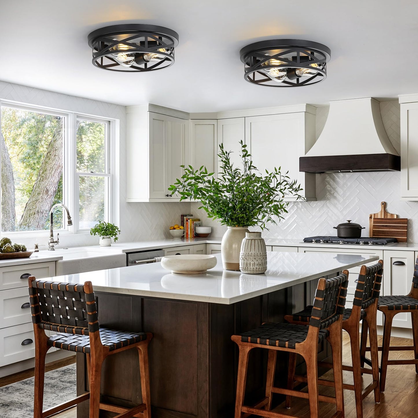 DOXVIEZE 2 Pack Close to Ceiling Light Fixtures, 13 Inch Farmhouse Metal Cage Flush Mount Ceiling Light 3-Lights, Black Industrial Semi Flush Mount Ceiling Light for House Hallway Kitchen Bedroom
