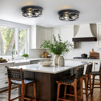 DOXVIEZE 2 Pack Close to Ceiling Light Fixtures, 13 Inch Farmhouse Metal Cage Flush Mount Ceiling Light 3-Lights, Black Industrial Semi Flush Mount Ceiling Light for House Hallway Kitchen Bedroom
