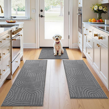 U'Artlines Kitchen Rugs and Mats Set of 3, Non Skid Washable Grey Geometric Kitchen Mats for Floor, Absorbent and Stain Resistant Floor Mat for Laundry, Sink Decor 20x32+20x48+20x59