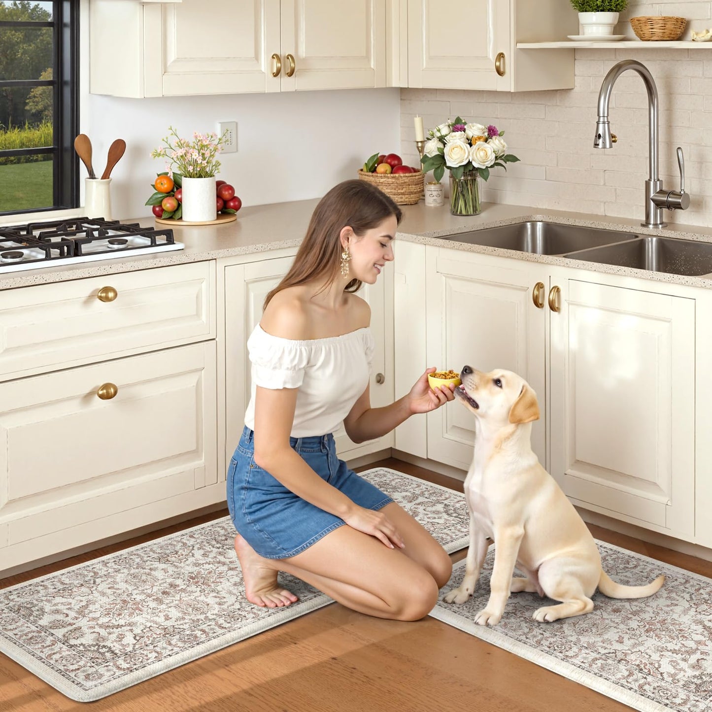 KIMODE Kitchen Mats for Floor Cushioned Anti Fatigue 2 Piece,Boho Farmhouse Kitchen Rugs Non Slip 20" x 47"+20" x 32",Wide Memory Foam Kitchen Mat Carpet for Laundry Office Home,Khaki