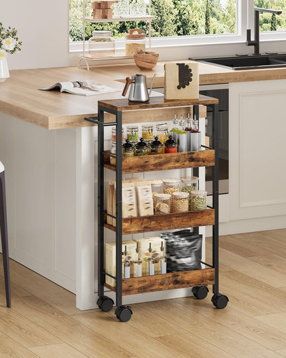 CHOEZON 4-Tier Slim Storage Cart, 7.1'' Kitchen Serving Trolley, Slim Rolling Cart with Handle and Guard Rails, Slim Cabinet for Small Spaces, for Dining Room, Rustic Brown and Black TTC02BF