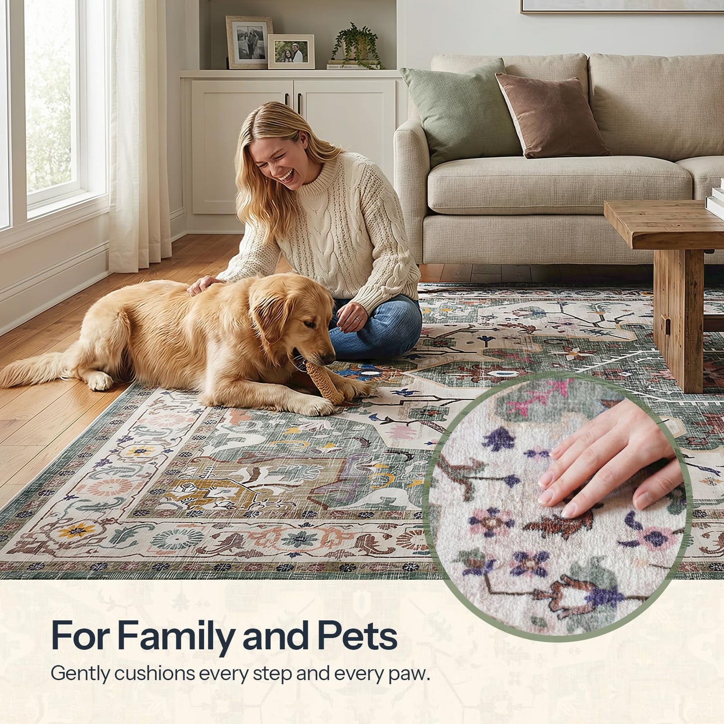 HOOBRO 6 x 9 ft Area Rugs for Living Room, Washable Non-Slip Stain Resistant Rug, Large Carpets, Pet Friendly Low Pile Soft Rug, for Bedroom Kitchen Dining Room Home Office, Vintage Green GN04AR01