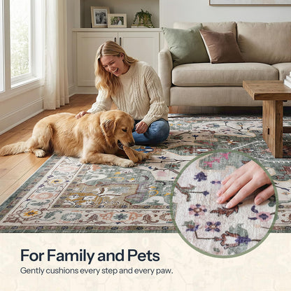 HOOBRO 6 x 9 ft Area Rugs for Living Room, Washable Non-Slip Stain Resistant Rug, Large Carpets, Pet Friendly Low Pile Soft Rug, for Bedroom Kitchen Dining Room Home Office, Vintage Green GN04AR01