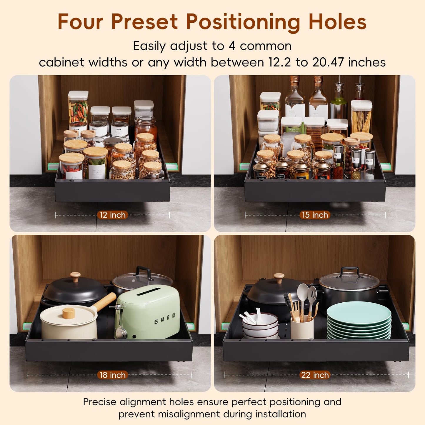 OneDream 2 Pack Pull Out Cabinet Organizer, 21" Deep Slide Out Drawers for Kitchen Cabinets, No Drill Adhesive Pull Out Drawers for Cabinets, Back Roll Out Shelves Adjustable Width 12.05"-20.4"