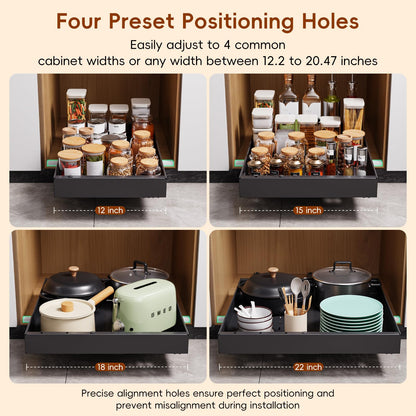 OneDream 2 Pack Pull Out Cabinet Organizer, 21" Deep Slide Out Drawers for Kitchen Cabinets, No Drill Adhesive Pull Out Drawers for Cabinets, Back Roll Out Shelves Adjustable Width 12.05"-20.4"