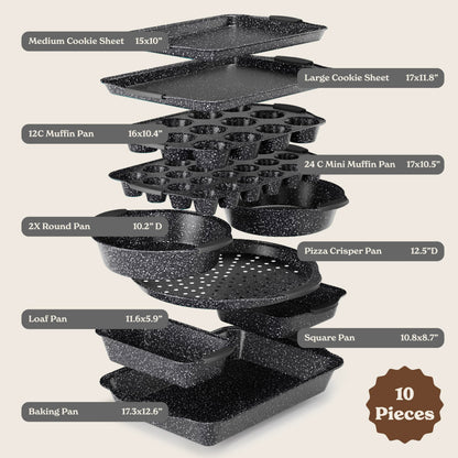 Country Kitchen Nonstick Stackable Bakeware Set - Durable, Easy Release Baking Set, Black, 10 Pcs